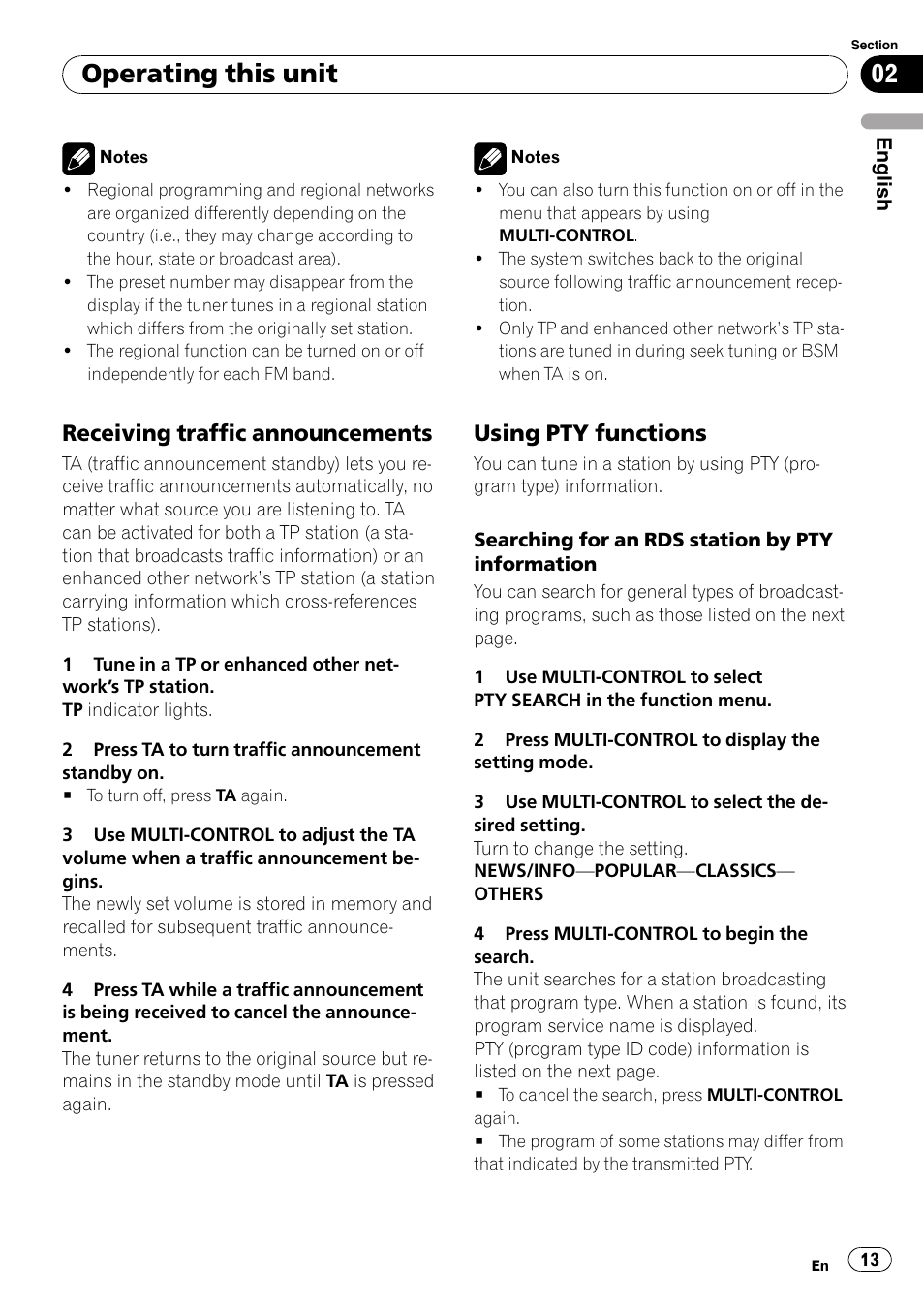 Receiving traffic announcements 13, Using pty functions 13, Operating this unit | Receiving traffic announcements, Using pty functions | Pioneer DEH-50UB  EN User Manual | Page 13 / 77