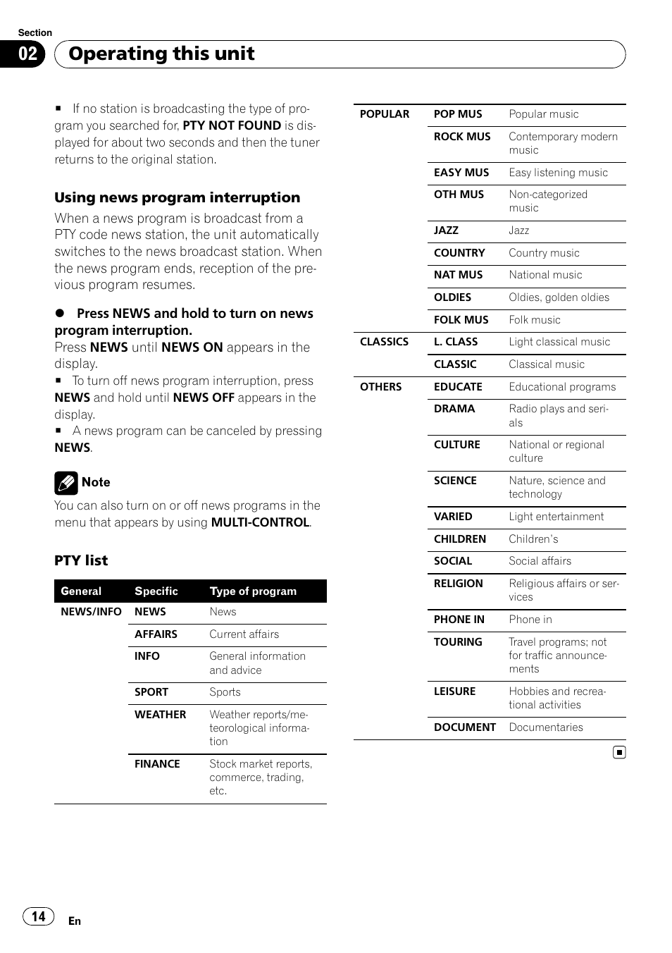 Operating this unit, Using news program interruption, Pty list | Pioneer DEH-50UB  EN User Manual | Page 14 / 77