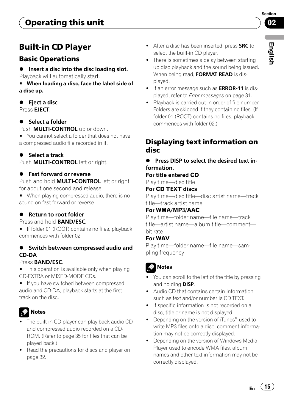 Built-in cd player, Basic operations 15, Displaying text information on disc 15 | Operating this unit, Basic operations, Displaying text information on disc | Pioneer DEH-50UB  EN User Manual | Page 15 / 77