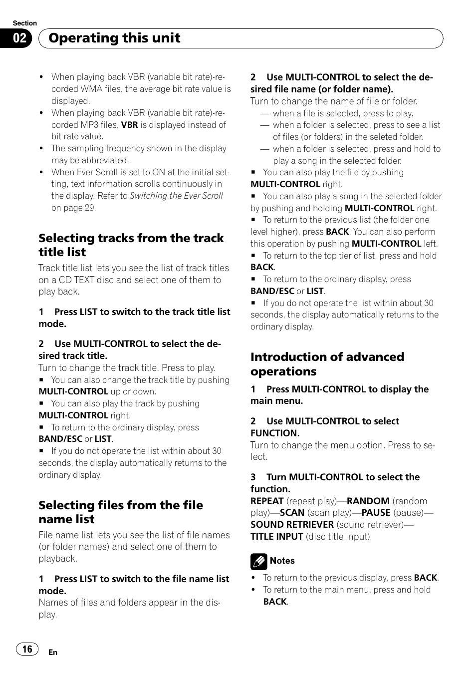 Selecting tracks from the track title, List, Selecting files from the file name | Introduction of advanced, Operations, Operating this unit, Selecting tracks from the track title list, Selecting files from the file name list, Introduction of advanced operations | Pioneer DEH-50UB  EN User Manual | Page 16 / 77