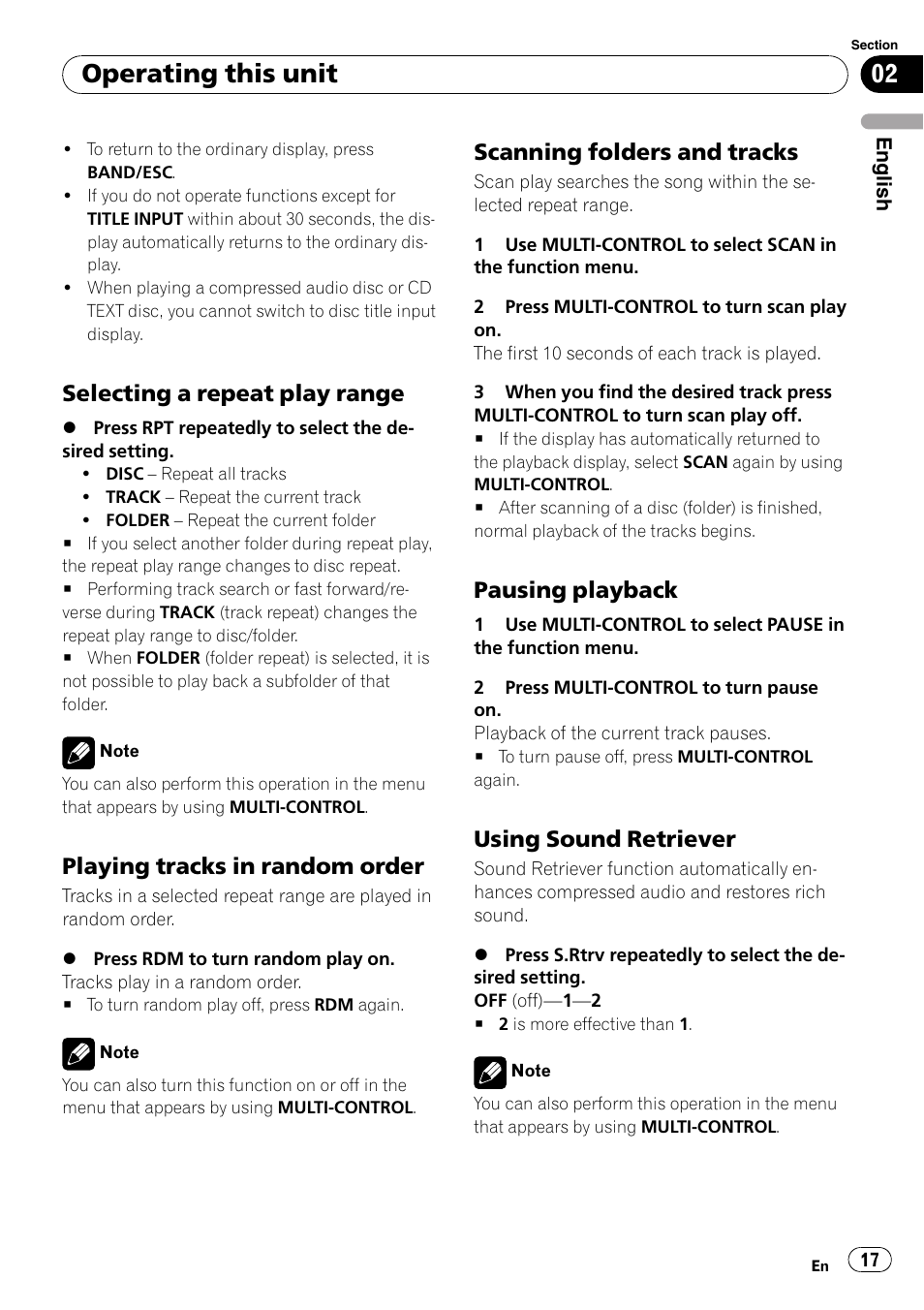 Selecting a repeat play range 17, Playing tracks in random order 17, Scanning folders and tracks 17 | Pausing playback 17, Using sound retriever 17, Operating this unit, Selecting a repeat play range, Playing tracks in random order, Scanning folders and tracks, Pausing playback | Pioneer DEH-50UB  EN User Manual | Page 17 / 77