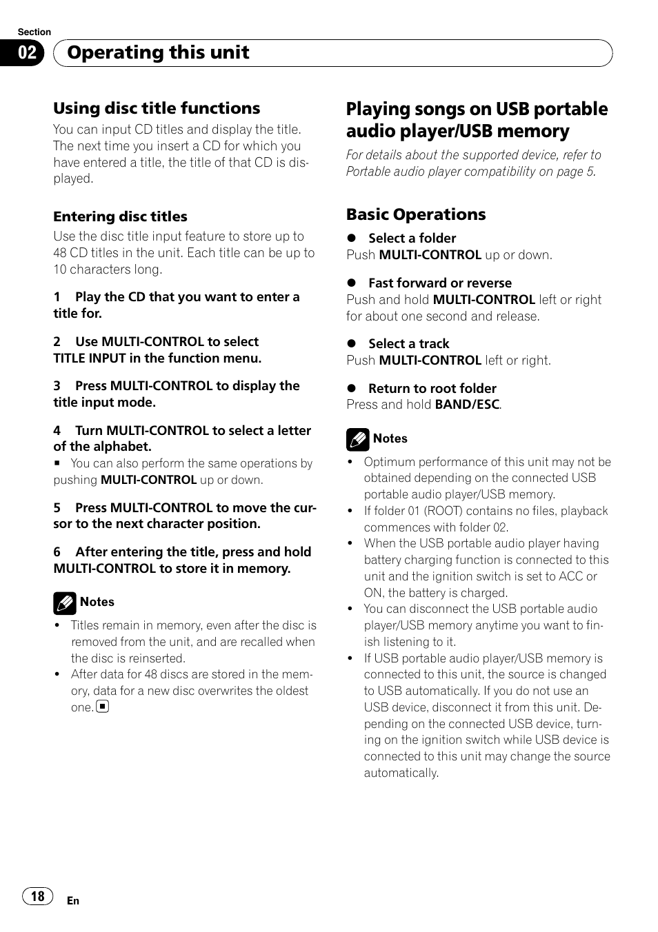 Using disc title functions 18, Playing songs on usb portable audio player, Usb memory | Basic operations 18, Operating this unit, Using disc title functions, Basic operations | Pioneer DEH-50UB  EN User Manual | Page 18 / 77