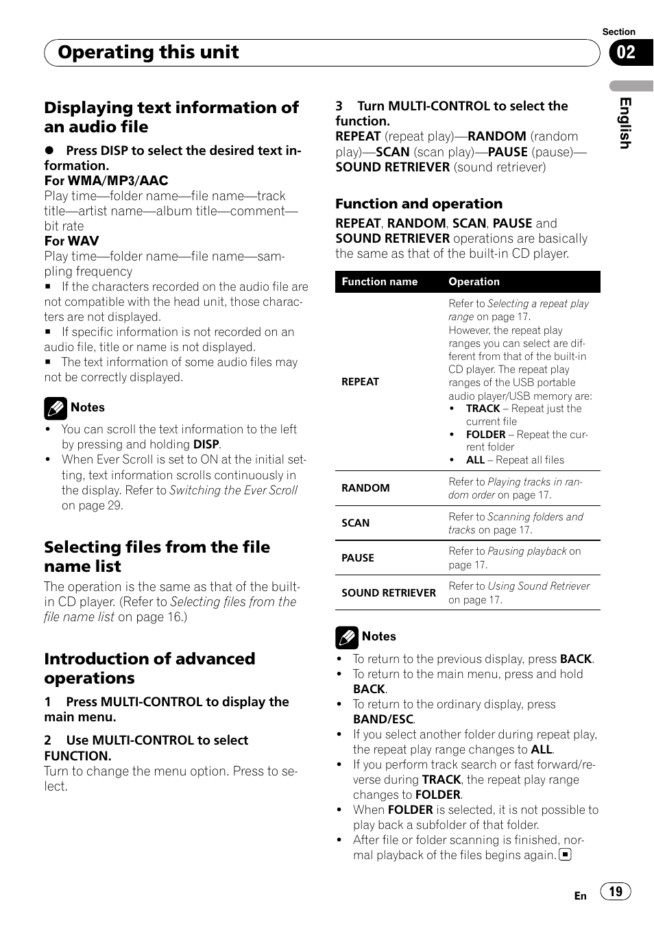 Displaying text information of an audio, File, Selecting files from the file name | List, Introduction of advanced, Operations, Operating this unit, Displaying text information of an audio file, Selecting files from the file name list, Introduction of advanced operations | Pioneer DEH-50UB EN User Manual | Page 19 / 77
