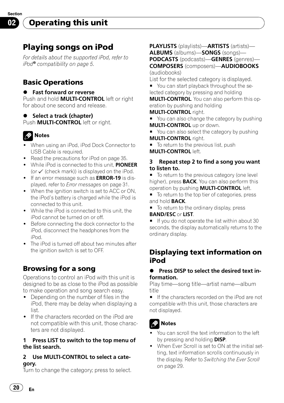 Playing songs on ipod, Basic operations 20, Browsing for a song 20 | Displaying text information on, Ipod, Operating this unit, Basic operations, Browsing for a song, Displaying text information on ipod | Pioneer DEH-50UB  EN User Manual | Page 20 / 77