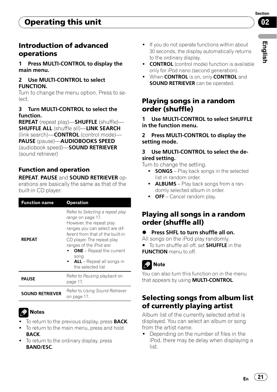 Introduction of advanced, Operations, Playing songs in a random order | Shuffle), Playing all songs in a random order, Shuffle all), Selecting songs from album list of, Currently playing artist, Operating this unit, Introduction of advanced operations | Pioneer DEH-50UB  EN User Manual | Page 21 / 77