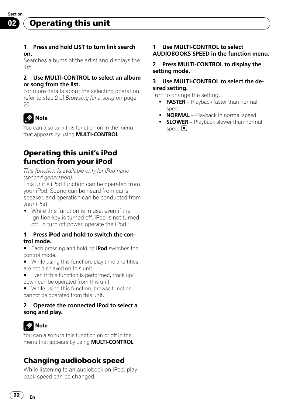 Operating this unit’s ipod function, From your ipod, Changing audiobook speed 22 | Operating this unit, Changing audiobook speed | Pioneer DEH-50UB  EN User Manual | Page 22 / 77