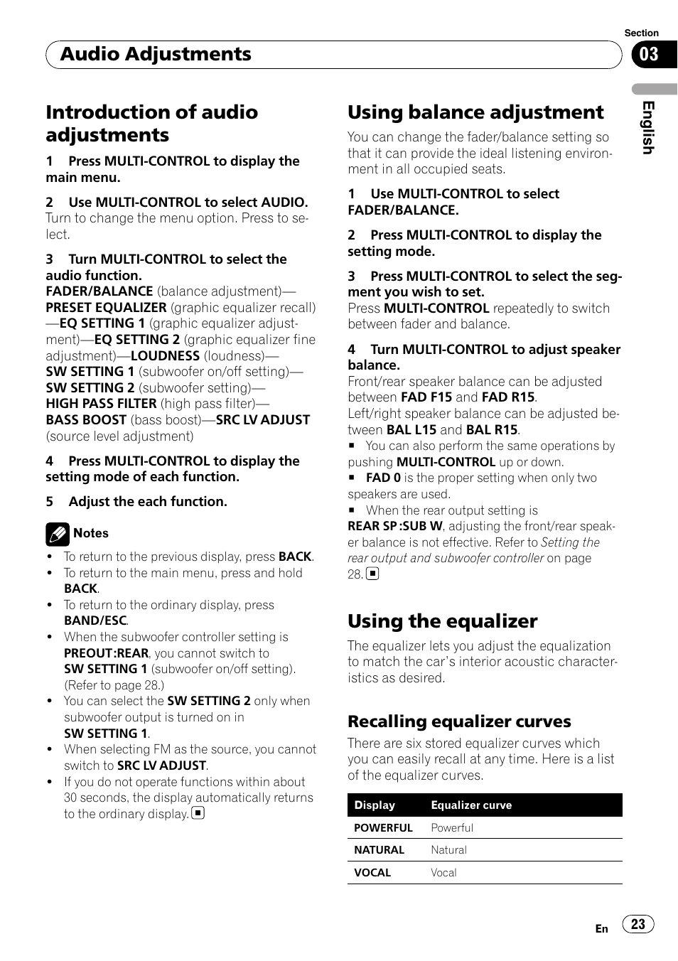 Using balance adjustment, Using the equalizer, Recalling equalizer curves 23 | Introduction of audio adjustments, Audio adjustments, Recalling equalizer curves | Pioneer DEH-50UB  EN User Manual | Page 23 / 77