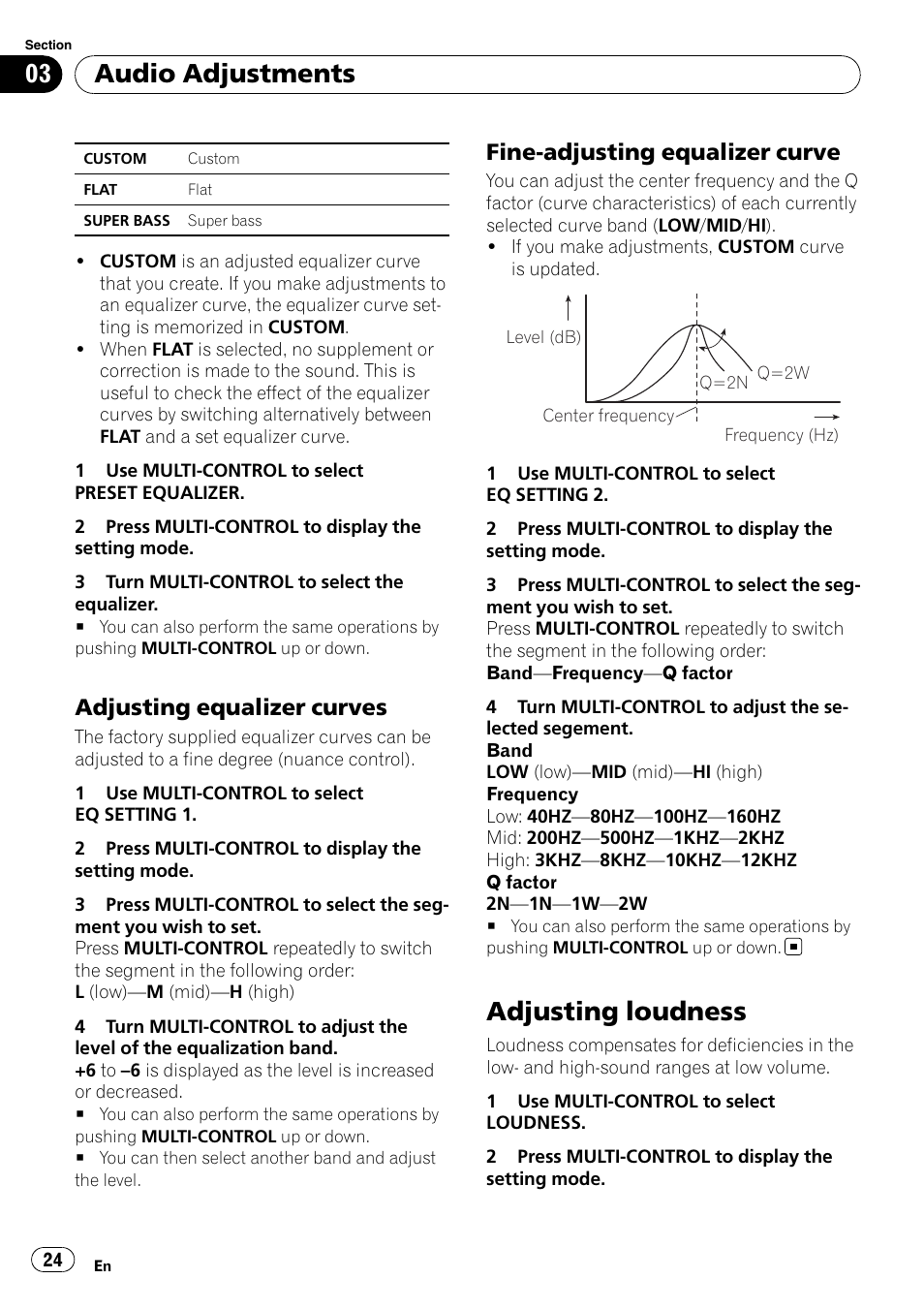 Adjusting equalizer curves 24, Fine-adjusting equalizer curve 24, Adjusting loudness | Audio adjustments, Adjusting equalizer curves, Fine-adjusting equalizer curve | Pioneer DEH-50UB  EN User Manual | Page 24 / 77