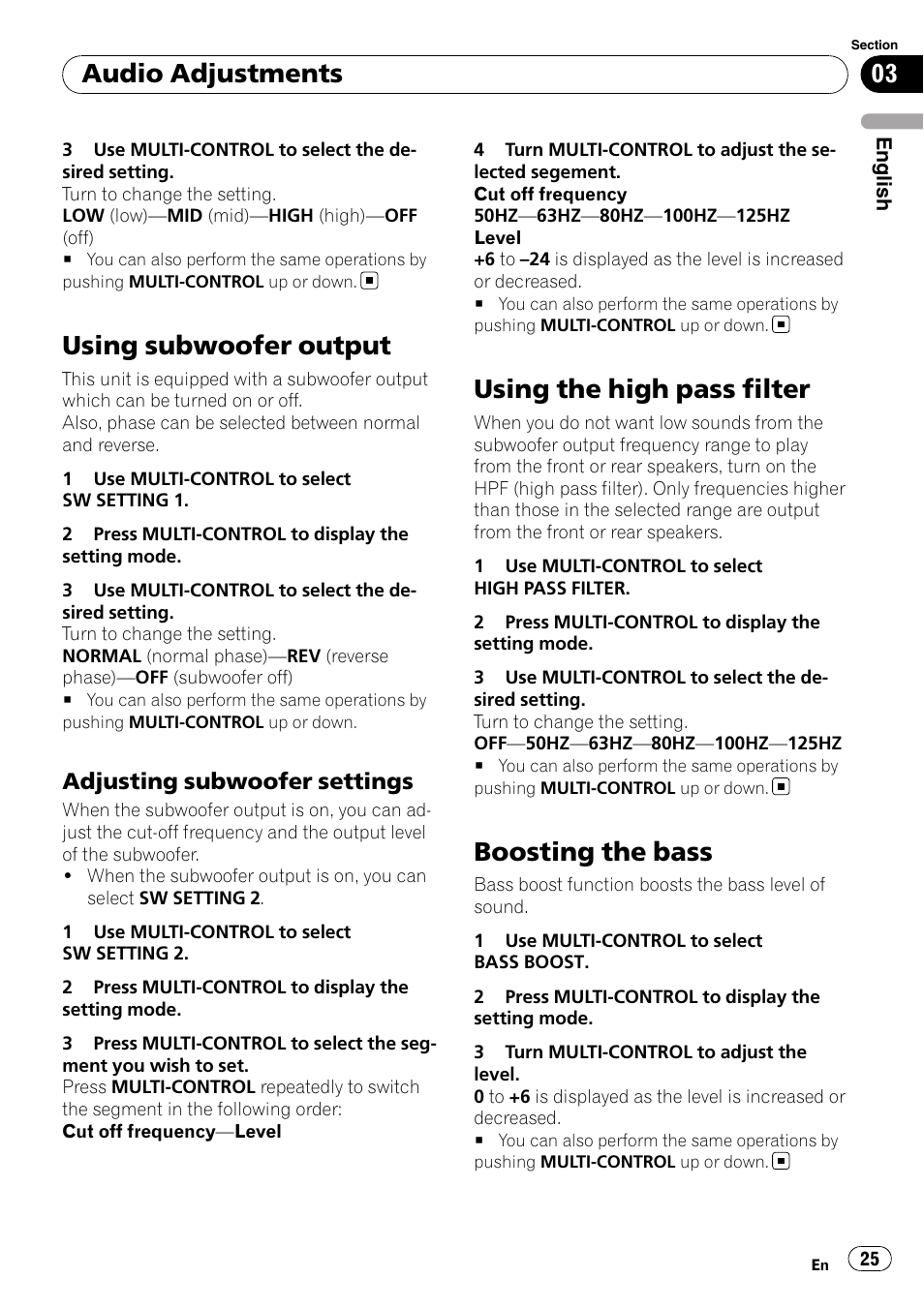 Using subwoofer output, Adjusting subwoofer settings 25, Using the high pass filter | Boosting the bass, Audio adjustments, Adjusting subwoofer settings | Pioneer DEH-50UB  EN User Manual | Page 25 / 77