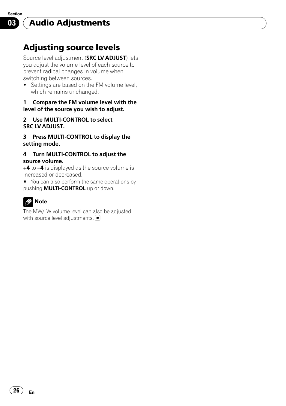 Adjusting source levels, Audio adjustments | Pioneer DEH-50UB  EN User Manual | Page 26 / 77