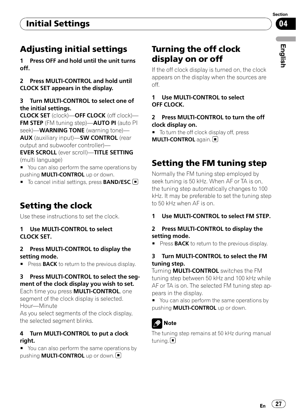 Initial settings adjusting initial settings, Setting the clock, Turning the off clock display on or off | Setting the fm tuning step, Adjusting initial settings, Initial settings | Pioneer DEH-50UB  EN User Manual | Page 27 / 77