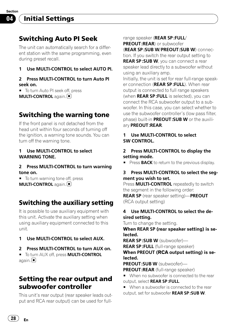 Switching auto pi seek, Switching the warning tone, Switching the auxiliary setting | Setting the rear output and subwoofer, Controller, Setting the rear output and subwoofer controller, Initial settings | Pioneer DEH-50UB  EN User Manual | Page 28 / 77