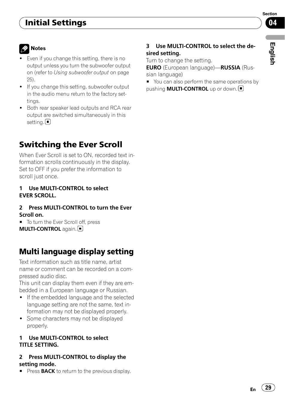 Switching the ever scroll, Multi language display setting, Initial settings | Pioneer DEH-50UB  EN User Manual | Page 29 / 77