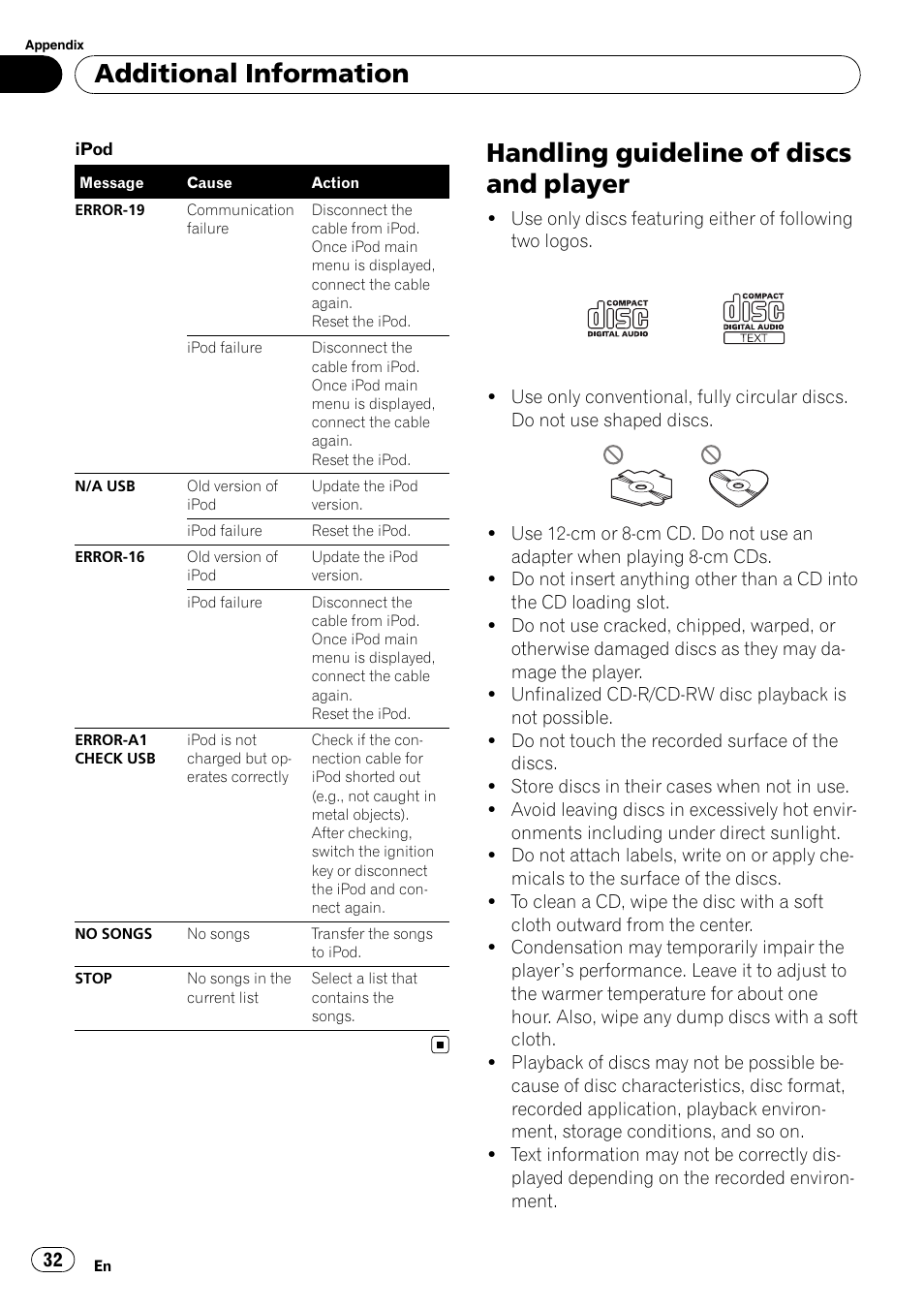 Handling guideline of discs and player, Additional information | Pioneer DEH-50UB  EN User Manual | Page 32 / 77