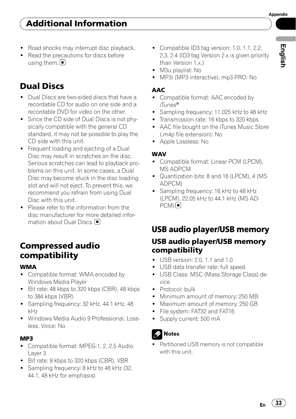 Dual discs, Compressed audio compatibility, Usb audio player/usb memory | Compatibility, Additional information | Pioneer DEH-50UB  EN User Manual | Page 33 / 77