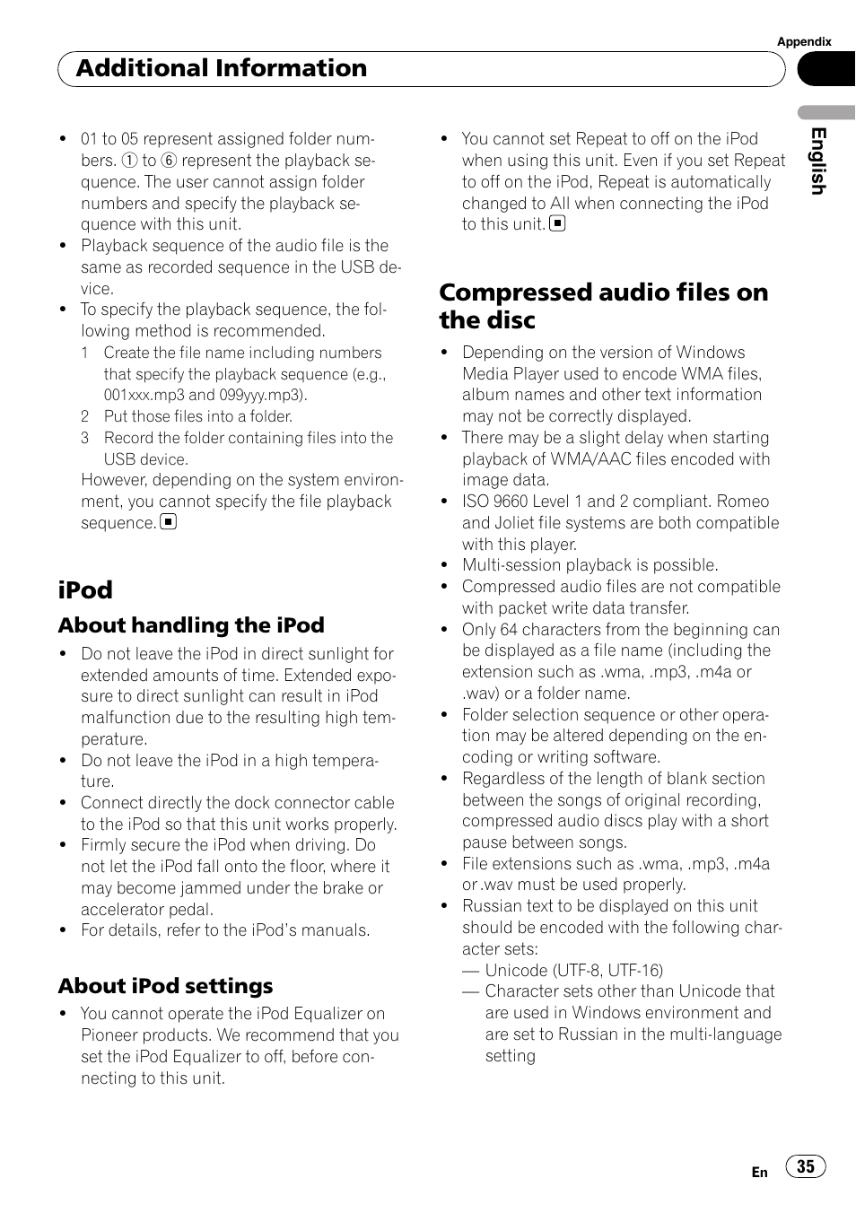 Ipod, About handling the ipod 35, About ipod settings 35 | Compressed audio files on the disc, Additional information, About handling the ipod, About ipod settings | Pioneer DEH-50UB  EN User Manual | Page 35 / 77