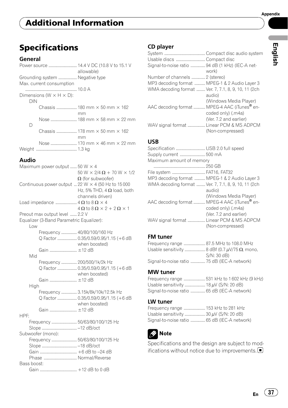 Specifications, Additional information, English | Pioneer DEH-50UB  EN User Manual | Page 37 / 77