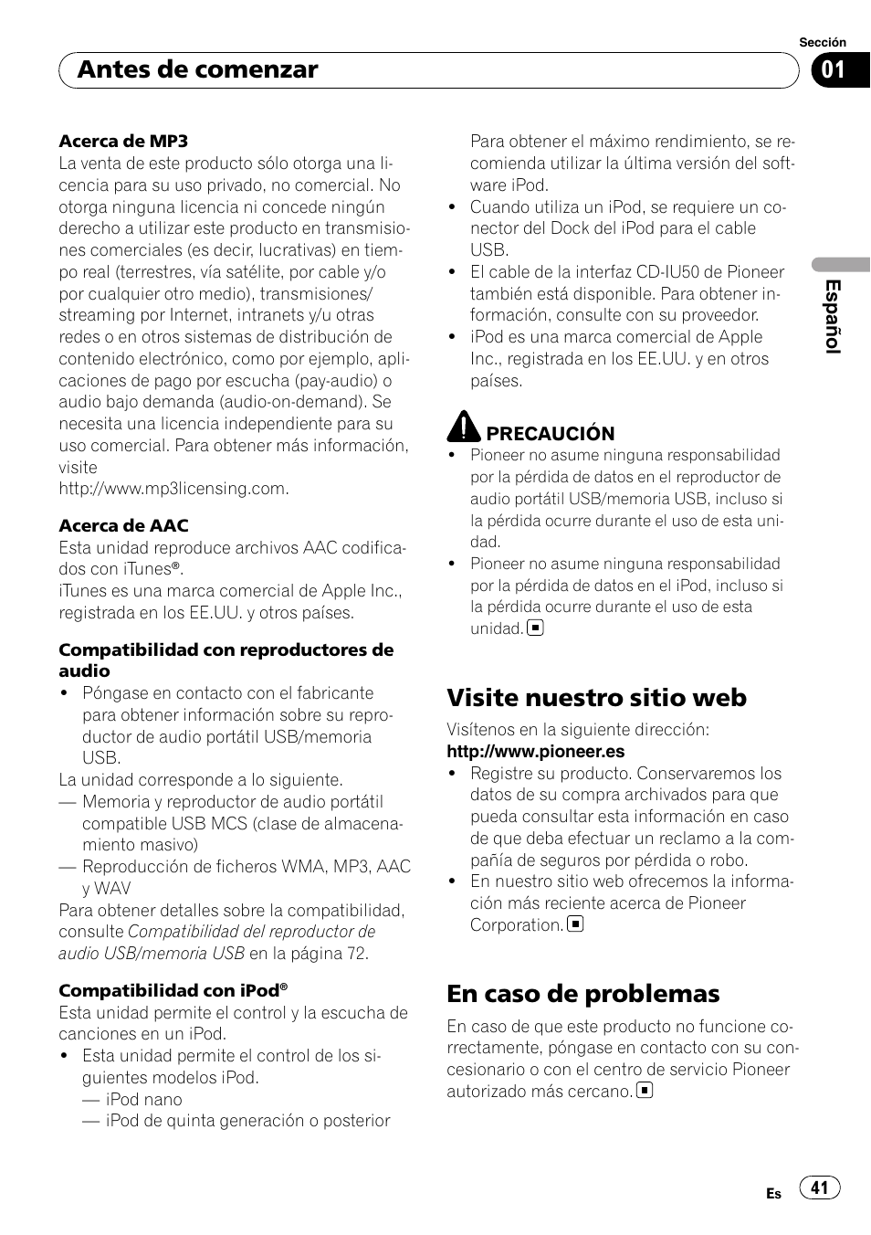 Visite nuestro sitio web, En caso de problemas, Antes de comenzar | Pioneer DEH-50UB  EN User Manual | Page 41 / 77