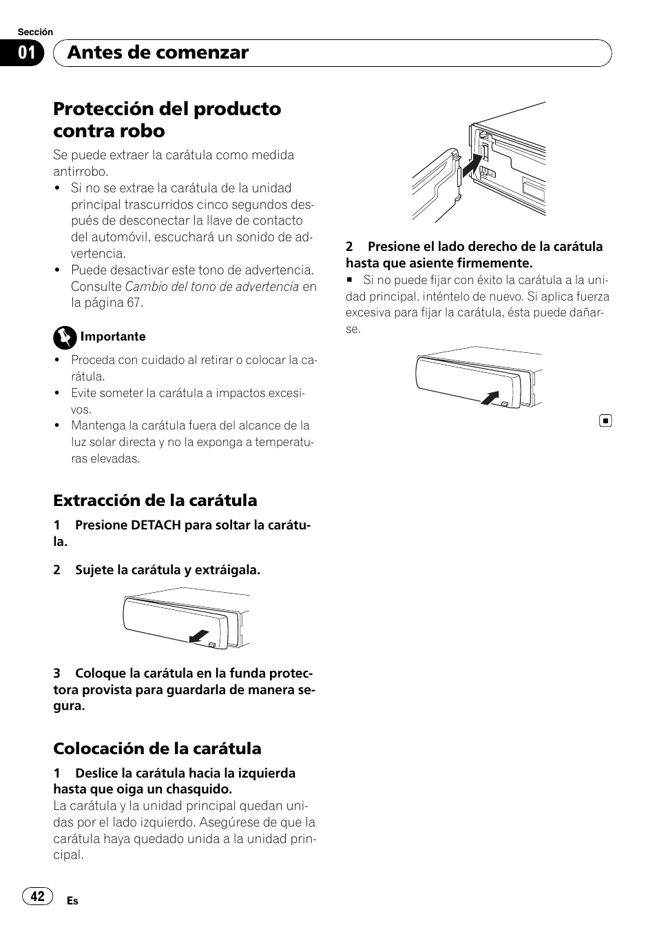 Protección del producto contra robo, Extracción de la carátula 42, Colocación de la carátula 42 | Antes de comenzar, Extracción de la carátula, Colocación de la carátula | Pioneer DEH-50UB  EN User Manual | Page 42 / 77