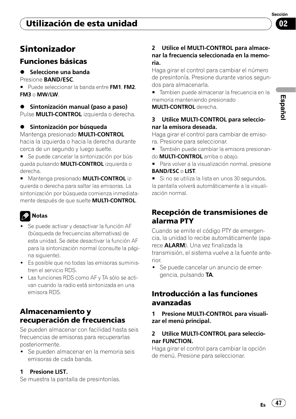 Sintonizador, Funciones básicas 47, Almacenamiento y recuperación de | Frecuencias, Recepción de transmisiones de alarma, Introducción a las funciones, Avanzadas, Utilización de esta unidad, Funciones básicas, Almacenamiento y recuperación de frecuencias | Pioneer DEH-50UB  EN User Manual | Page 47 / 77