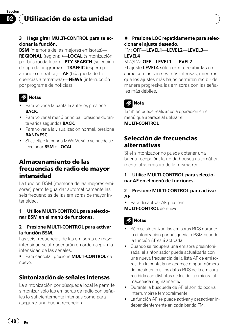 Almacenamiento de las frecuencias de, Radio de mayor intensidad, Sintonización de señales intensas 48 | Selección de frecuencias, Alternativas, Utilización de esta unidad, Sintonización de señales intensas, Selección de frecuencias alternativas | Pioneer DEH-50UB  EN User Manual | Page 48 / 77