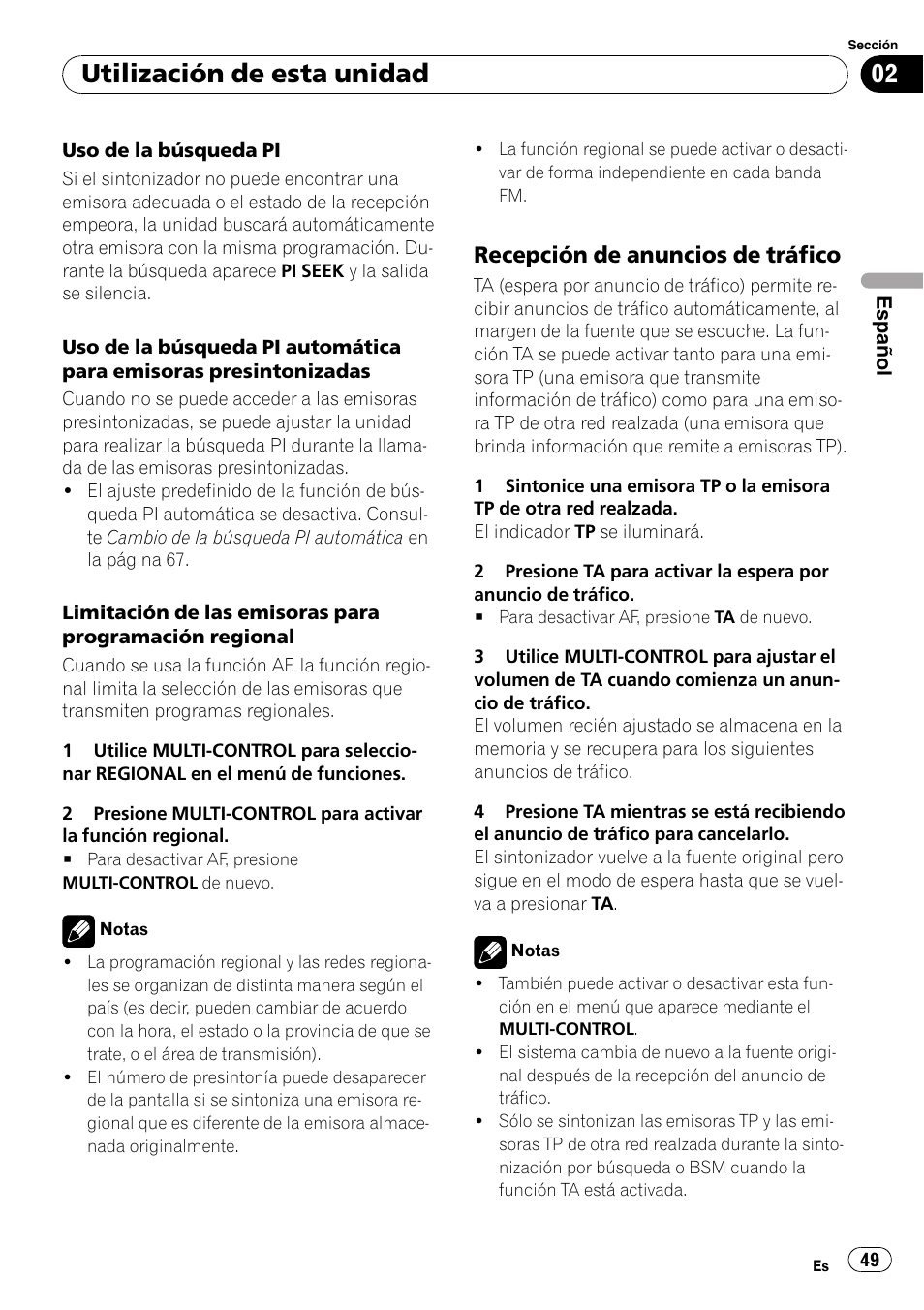 Recepción de anuncios de tráfico 49, Utilización de esta unidad, Recepción de anuncios de tráfico | Pioneer DEH-50UB  EN User Manual | Page 49 / 77