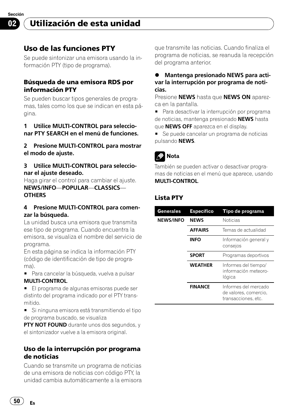 Uso de las funciones pty 50, Utilización de esta unidad, Uso de las funciones pty | Pioneer DEH-50UB  EN User Manual | Page 50 / 77