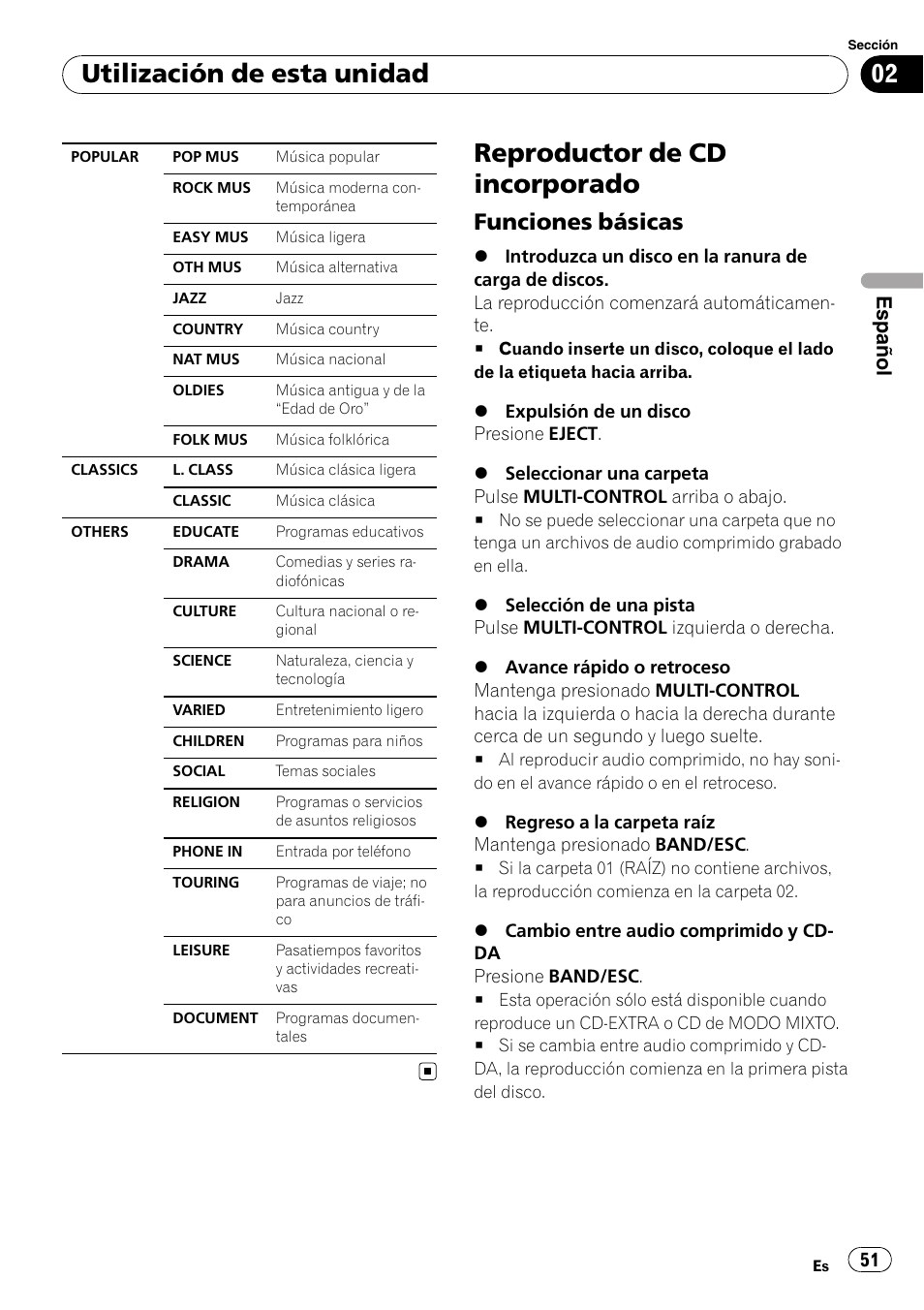 Reproductor de cd incorporado, Funciones básicas 51, Utilización de esta unidad | Funciones básicas, Español | Pioneer DEH-50UB  EN User Manual | Page 51 / 77