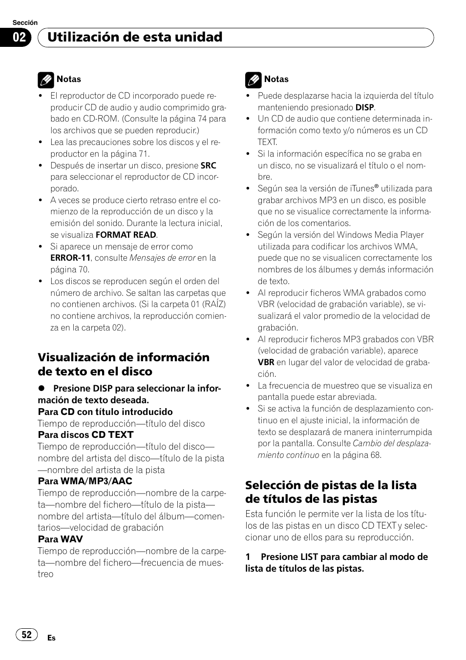 Visualización de información de texto, En el disco, Selección de pistas de la lista de títulos | De las pistas, Utilización de esta unidad, Visualización de información de texto en el disco | Pioneer DEH-50UB  EN User Manual | Page 52 / 77