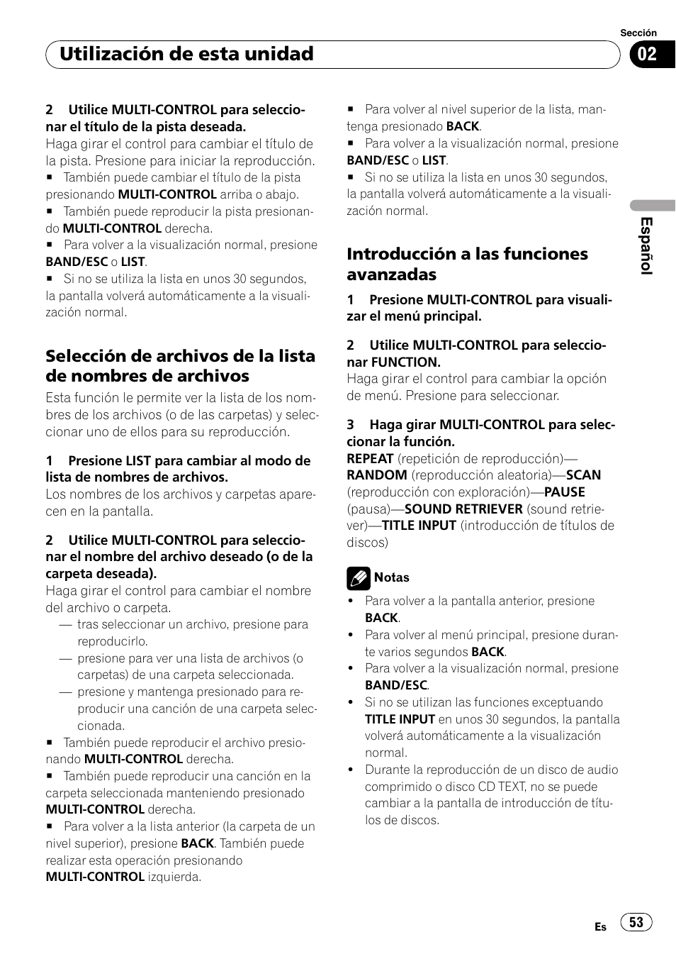 Selección de archivos de la lista de, Nombres de archivos, Introducción a las funciones | Avanzadas, Utilización de esta unidad, Introducción a las funciones avanzadas | Pioneer DEH-50UB  EN User Manual | Page 53 / 77