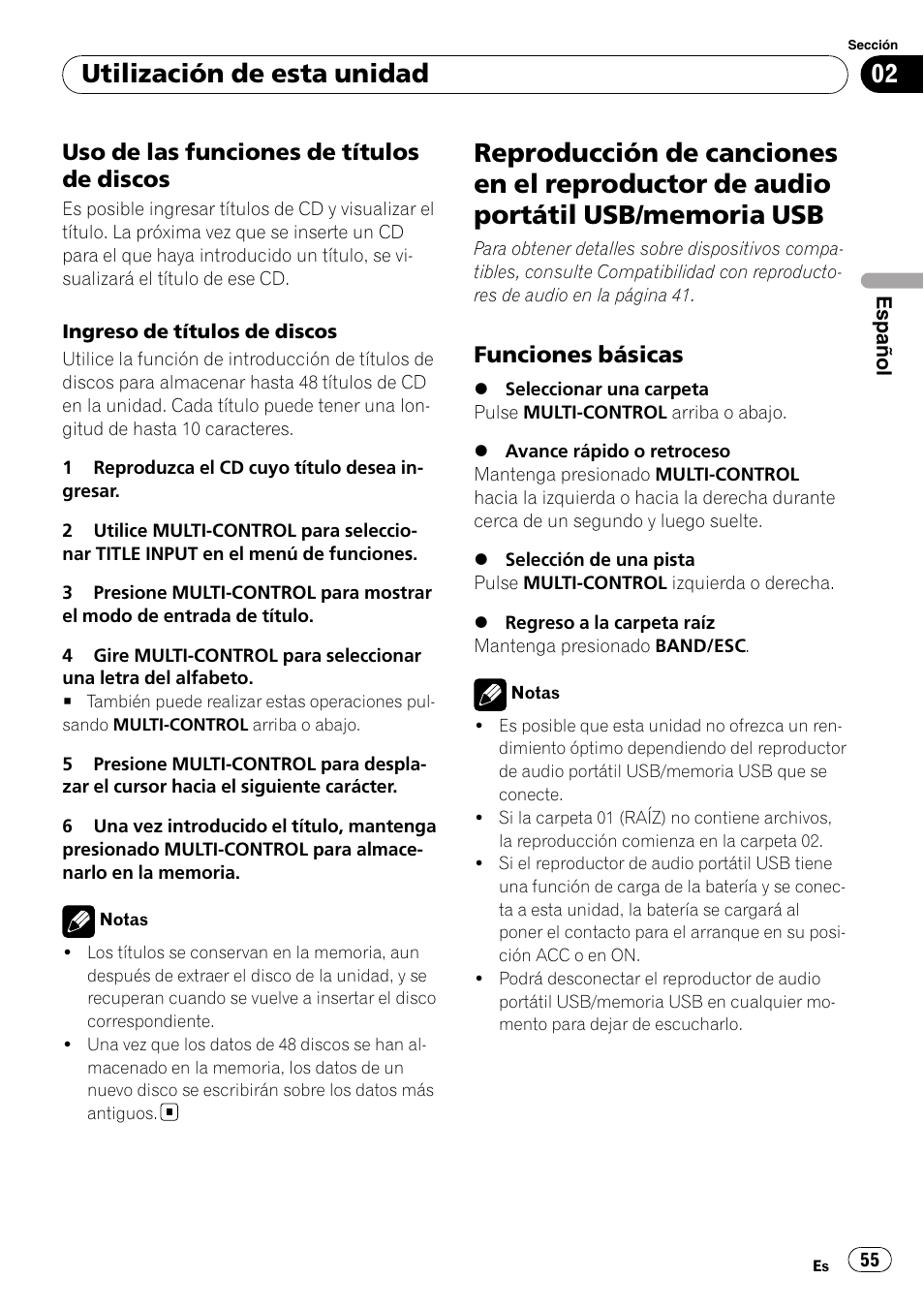 Uso de las funciones de títulos de, Discos, Reproducción de canciones en el | Reproductor de audio portátil usb/ memoria usb, Funciones básicas 55, Utilización de esta unidad, Uso de las funciones de títulos de discos, Funciones básicas | Pioneer DEH-50UB  EN User Manual | Page 55 / 77