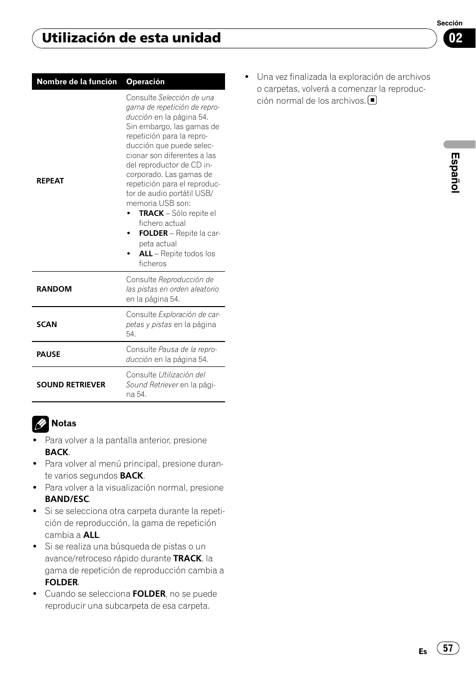 Utilización de esta unidad, Español | Pioneer DEH-50UB  EN User Manual | Page 57 / 77