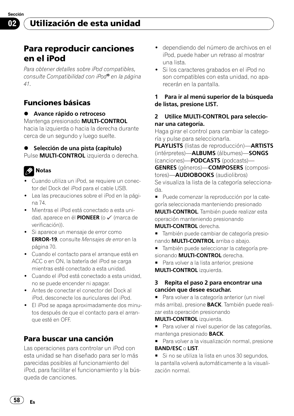 Para reproducir canciones en el ipod, Funciones básicas 58, Para buscar una canción 58 | Utilización de esta unidad, Funciones básicas, Para buscar una canción | Pioneer DEH-50UB  EN User Manual | Page 58 / 77