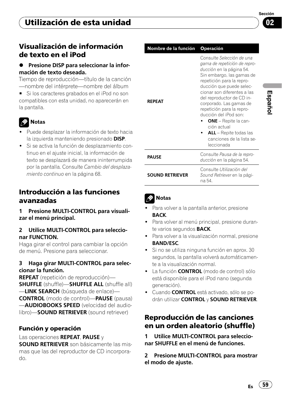 Visualización de información de texto, En el ipod, Introducción a las funciones | Avanzadas, Reproducción de las canciones en un, Orden aleatorio (shuffle), Utilización de esta unidad, Visualización de información de texto en el ipod, Introducción a las funciones avanzadas | Pioneer DEH-50UB EN User Manual | Page 59 / 77