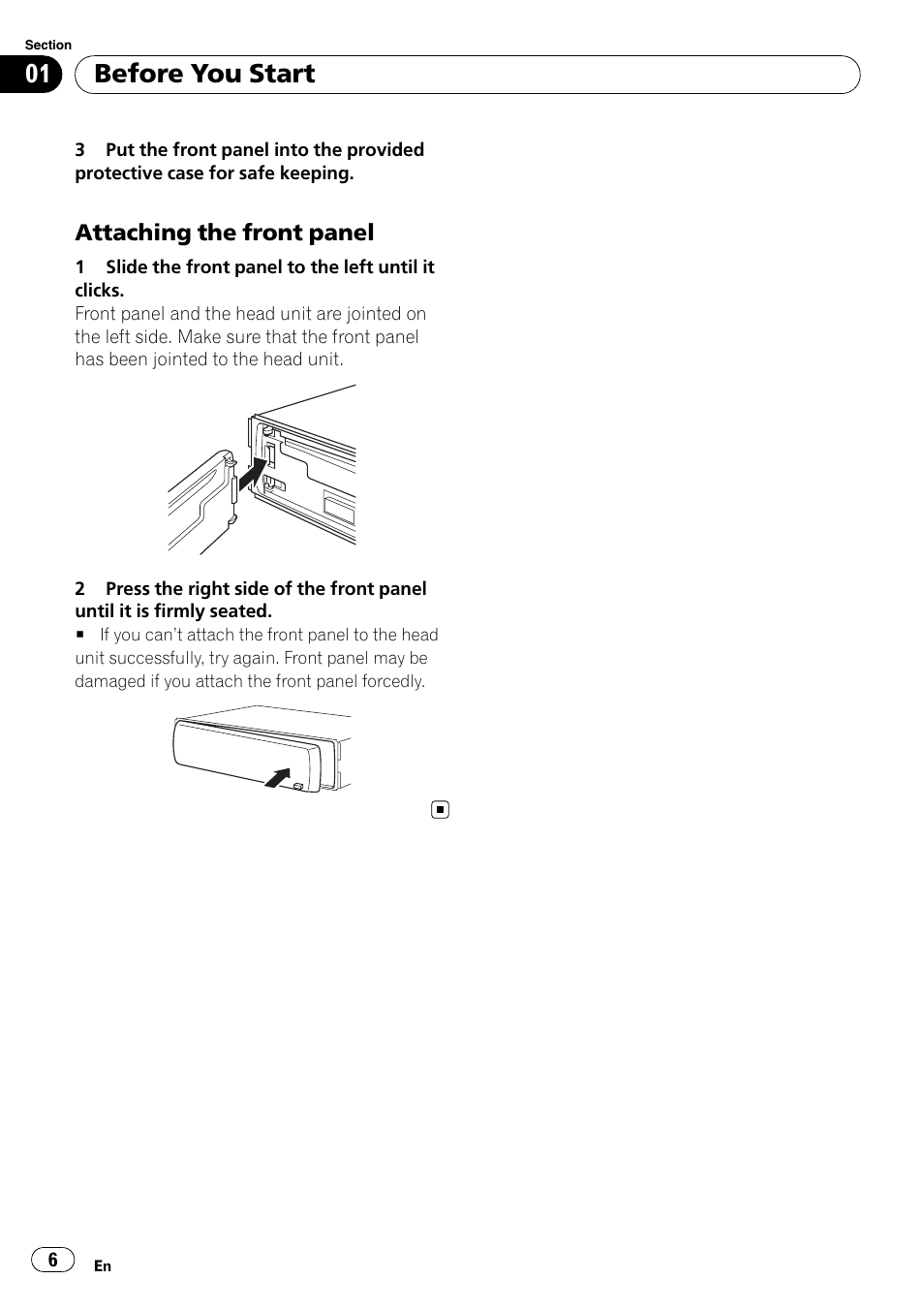 Attaching the front panel 6, Before you start | Pioneer DEH-50UB  EN User Manual | Page 6 / 77