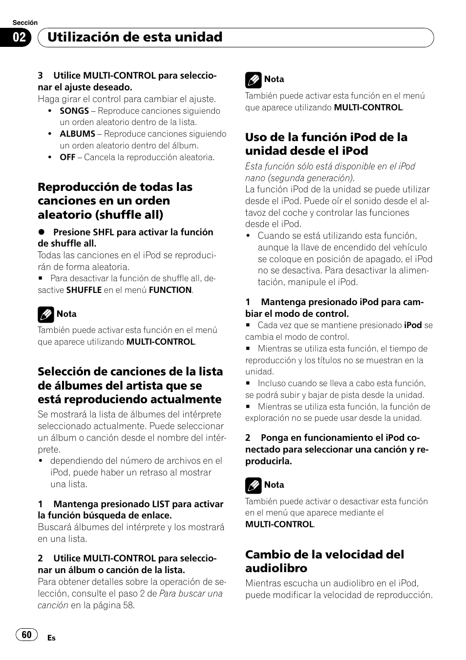 Reproducción de todas las canciones, En un orden aleatorio (shuffle all), Selección de canciones de la lista de | Uso de la función ipod de la unidad, Desde el ipod, Cambio de la velocidad del, Audiolibro, Utilización de esta unidad, Uso de la función ipod de la unidad desde el ipod, Cambio de la velocidad del audiolibro | Pioneer DEH-50UB EN User Manual | Page 60 / 77