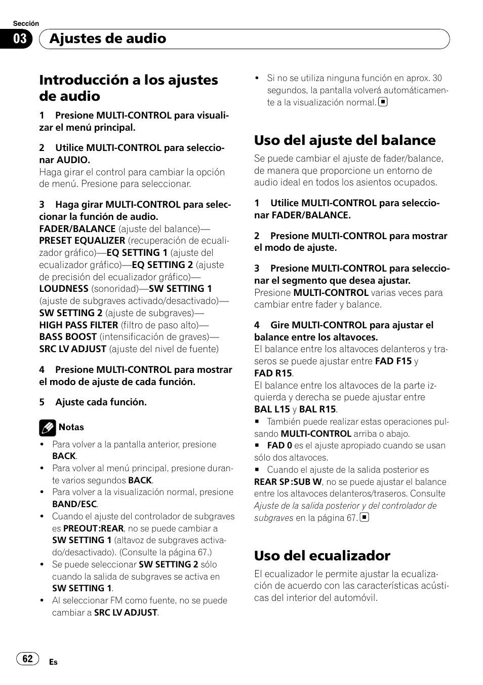 Uso del ajuste del balance, Uso del ecualizador, Introducción a los ajustes de audio | Ajustes de audio | Pioneer DEH-50UB  EN User Manual | Page 62 / 77