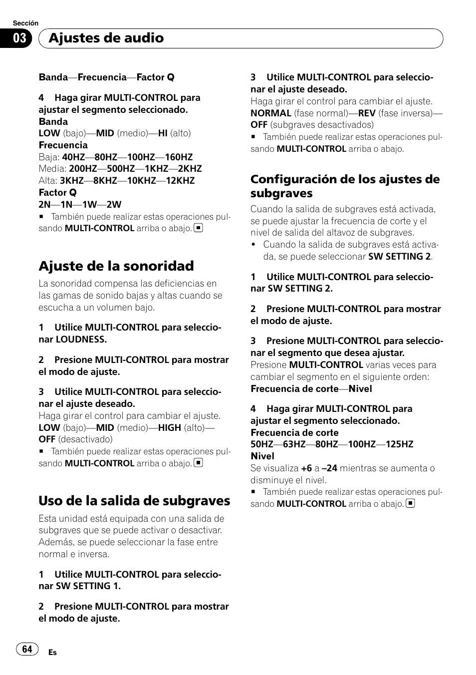 Ajuste de la sonoridad, Uso de la salida de subgraves, Configuración de los ajustes de | Subgraves, Ajustes de audio, Configuración de los ajustes de subgraves | Pioneer DEH-50UB  EN User Manual | Page 64 / 77