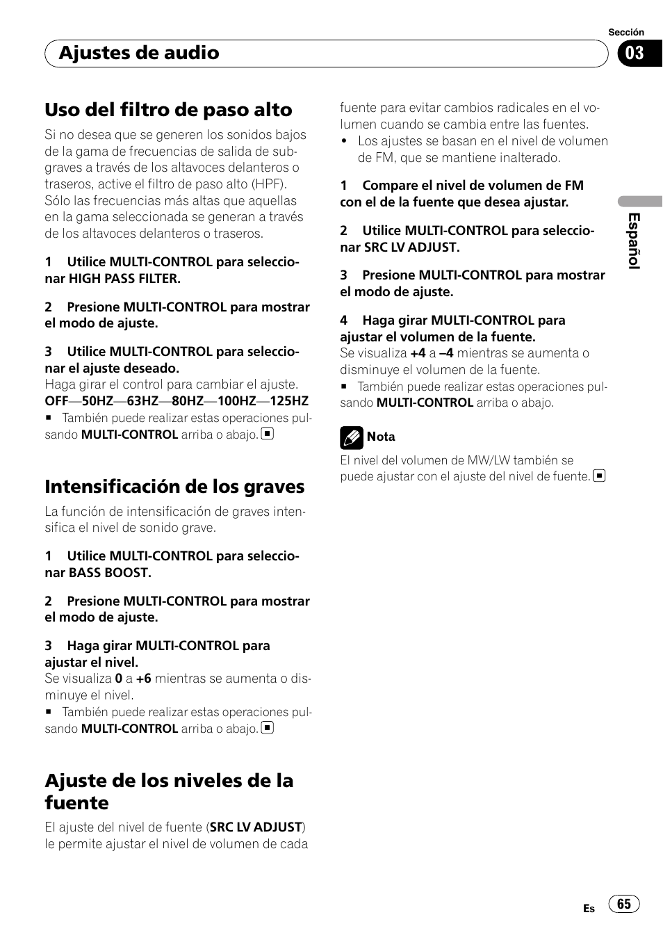 Uso del filtro de paso alto, Intensificación de los graves, Ajuste de los niveles de la fuente | Ajustes de audio | Pioneer DEH-50UB  EN User Manual | Page 65 / 77