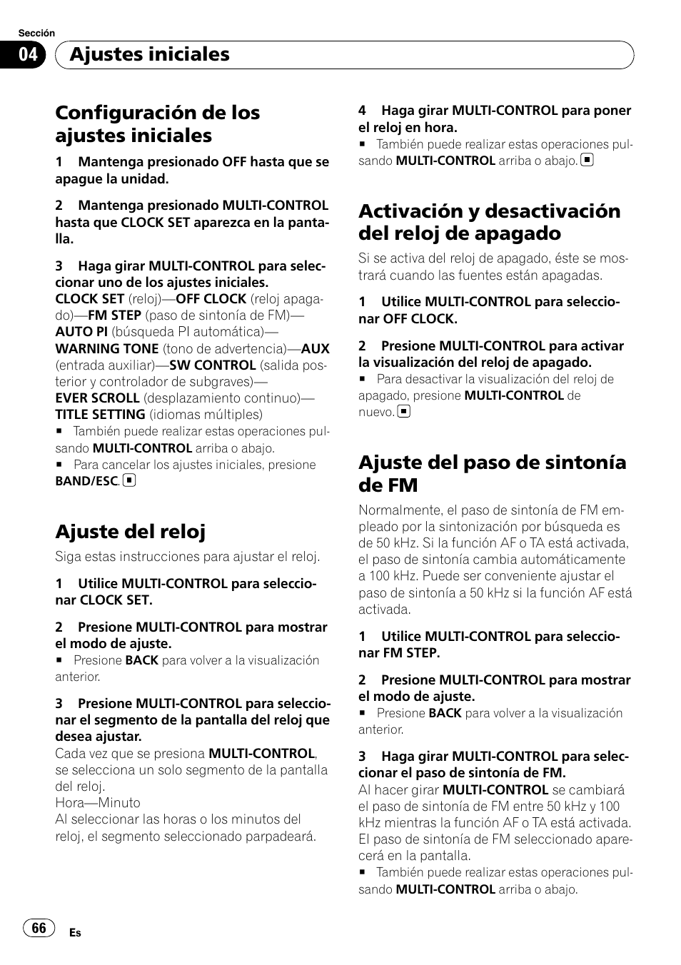 Ajuste del reloj, Activación y desactivación del reloj de, Apagado | Ajuste del paso de sintonía de fm, Configuración de los ajustes iniciales, Activación y desactivación del reloj de apagado, Ajustes iniciales | Pioneer DEH-50UB  EN User Manual | Page 66 / 77