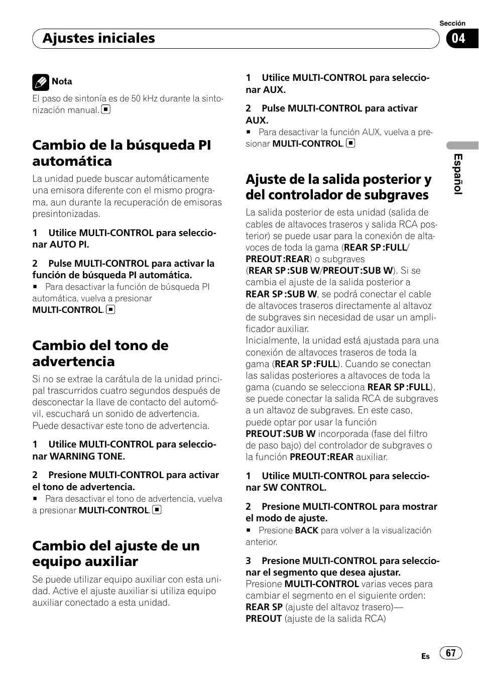 Cambio de la búsqueda pi automática, Cambio del tono de advertencia, Cambio del ajuste de un equipo auxiliar | Ajuste de la salida posterior y del controlador, De subgraves, Ajustes iniciales | Pioneer DEH-50UB  EN User Manual | Page 67 / 77