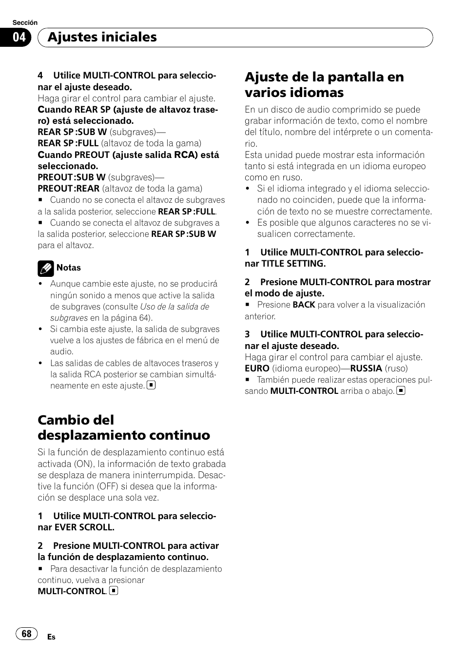 Cambio del desplazamiento continuo, Ajuste de la pantalla en varios idiomas, Ajustes iniciales | Pioneer DEH-50UB  EN User Manual | Page 68 / 77