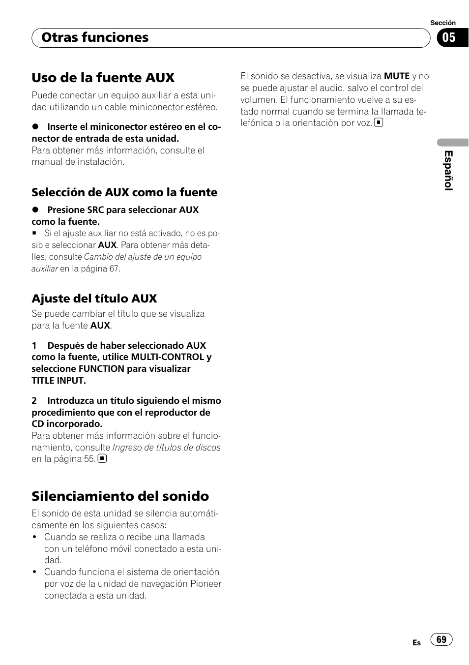 Otras funciones uso de la fuente aux, Selección de aux como la fuente 69, Ajuste del título aux 69 | Silenciamiento del sonido, Uso de la fuente aux, Otras funciones | Pioneer DEH-50UB  EN User Manual | Page 69 / 77
