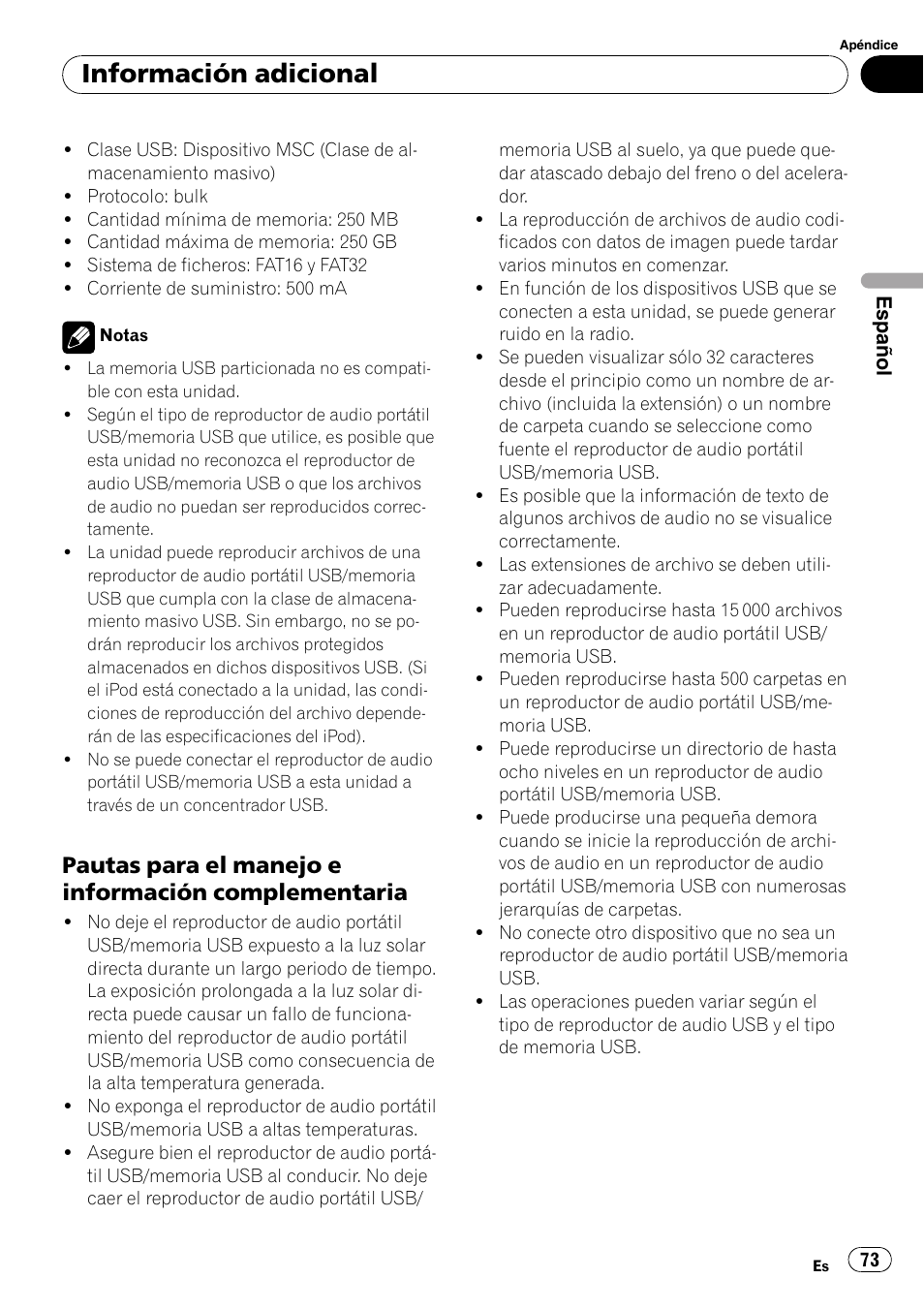 Pautas para el manejo e información, Complementaria, Información adicional | Pautas para el manejo e información complementaria | Pioneer DEH-50UB  EN User Manual | Page 73 / 77