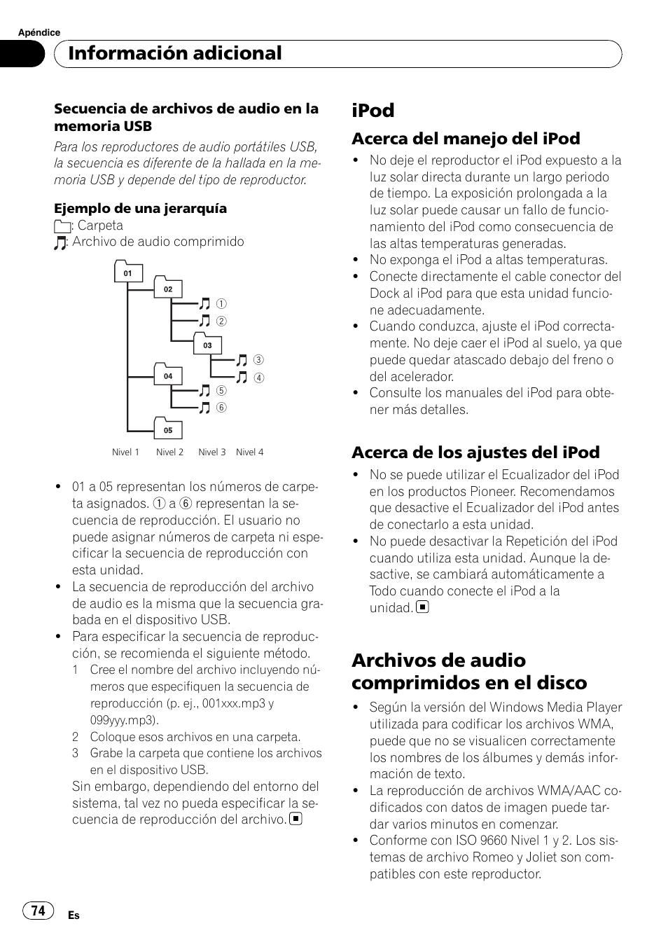 Ipod, Acerca del manejo del ipod 74, Acerca de los ajustes del ipod 74 | Archivos de audio comprimidos en el, Disco, La pági, Na 74, Archivos de audio comprimidos en el disco, Información adicional, Acerca del manejo del ipod | Pioneer DEH-50UB  EN User Manual | Page 74 / 77