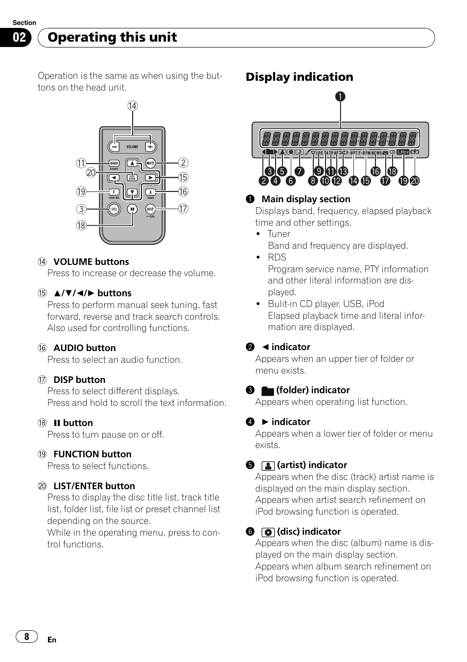 Display indication 8, Operating this unit, Display indication | Pioneer DEH-50UB  EN User Manual | Page 8 / 77