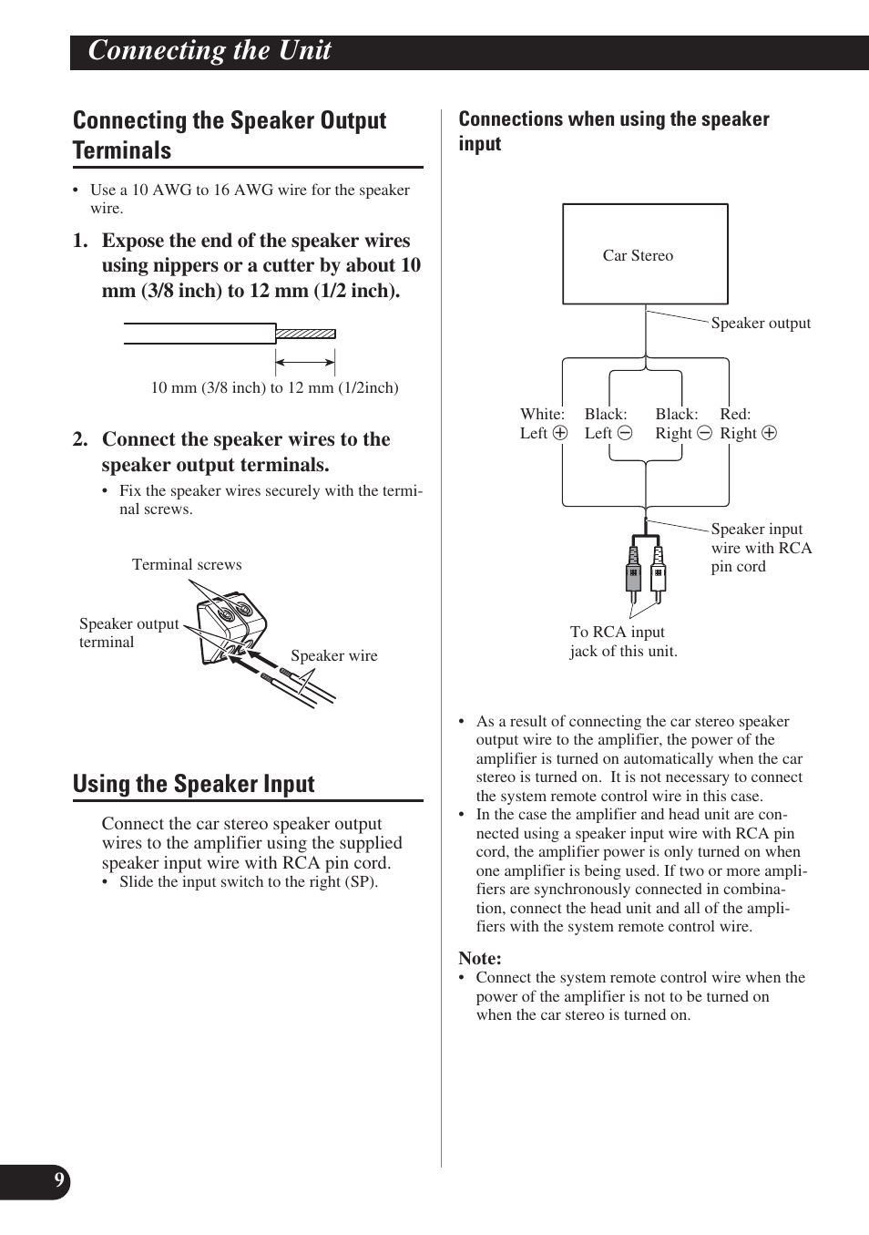 Connecting the unit, Connecting the speaker output terminals, Using the speaker input | Pioneer PREMIER PRS-D1200M User Manual | Page 10 / 50