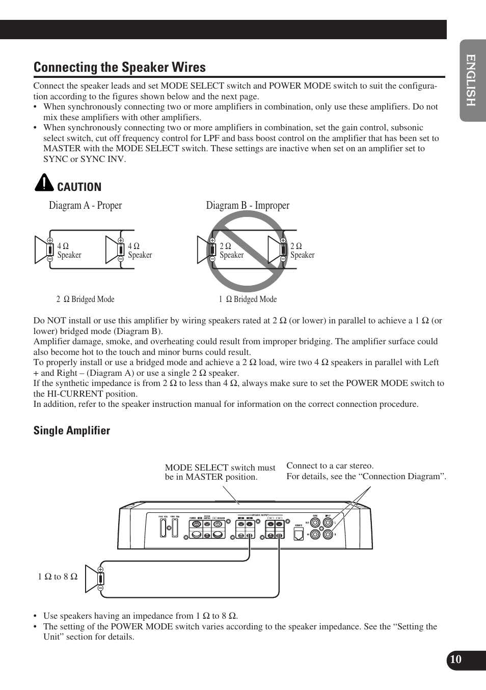 Connecting the speaker wires | Pioneer PREMIER PRS-D1200M User Manual | Page 11 / 50