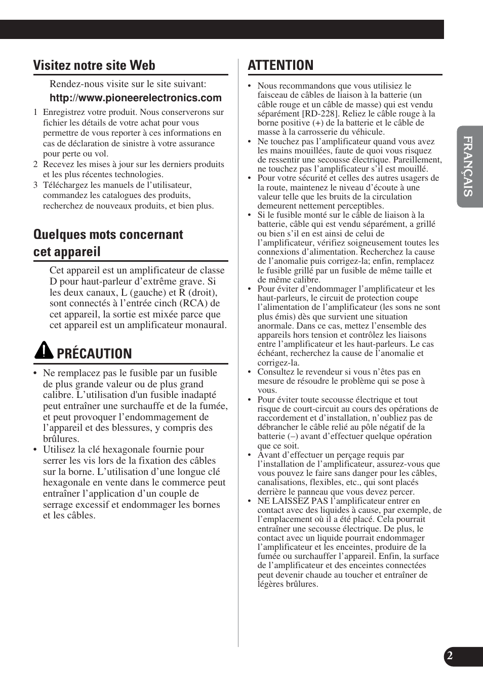 Visitez notre site web, Quelques mots concernant cet appareil, Précaution | Attention | Pioneer PREMIER PRS-D1200M User Manual | Page 19 / 50