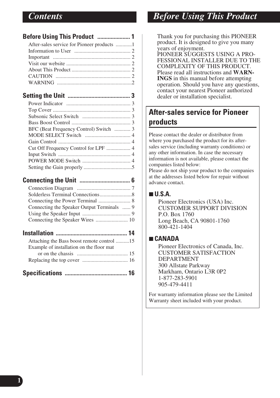 Contents before using this product, After-sales service for pioneer products | Pioneer PREMIER PRS-D1200M User Manual | Page 2 / 50